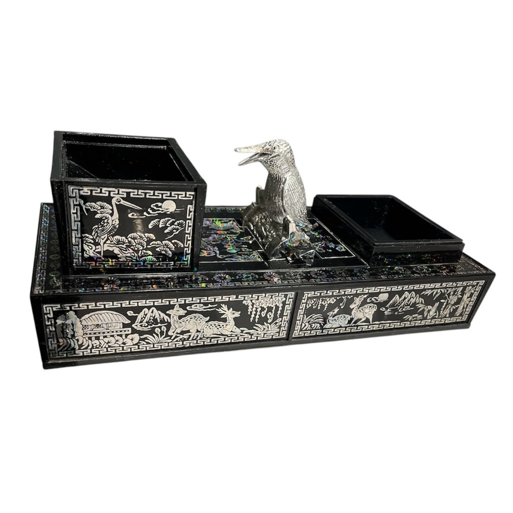 VINTAGE | Art Deco Laquer Mechanical Bird Cigarette Dispenser and Top Case